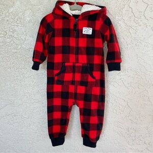 Carter’s Buffalo Plaid Zipper Front Jumpsuit with Sherpa Lined Hood - Sz 9 Mo